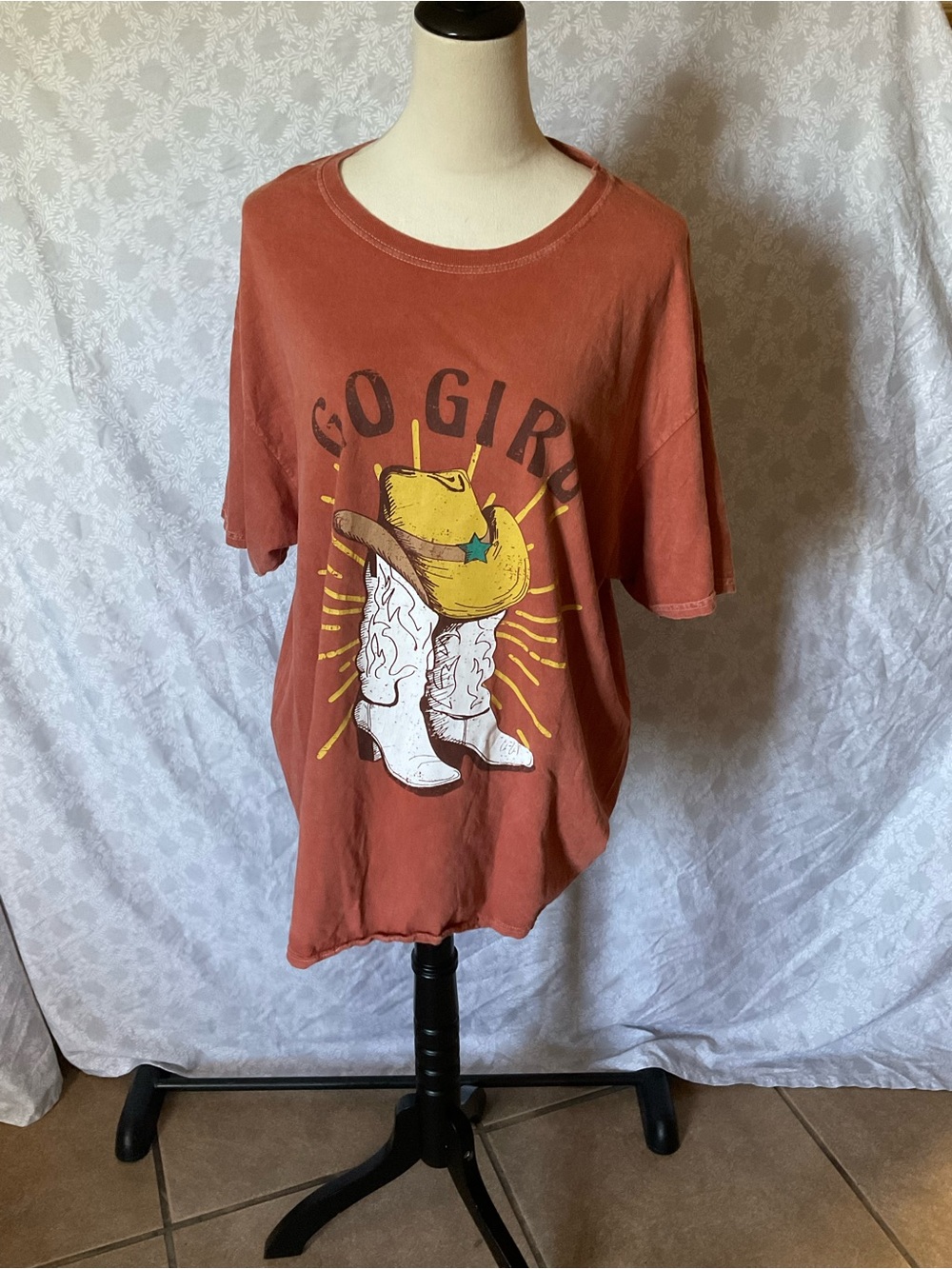 Sweet Claire Rust Orange "Go Girl" Tee with Yellow & White Graphic